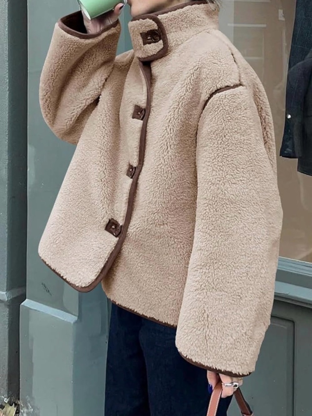 Faux Shearling Jacket Women’s Medium Beige Brown Trim Button Down NWT - Picture 4 of 9